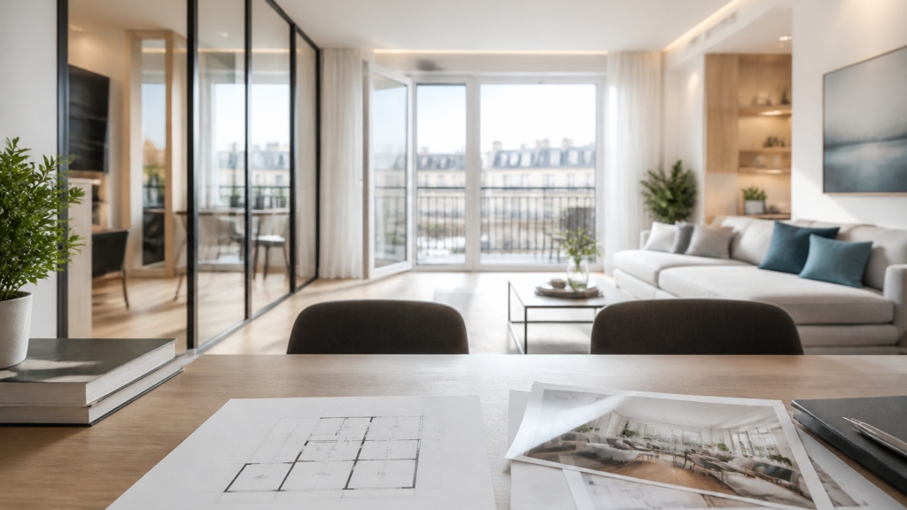 Appartement lumineux avec documents immobiliers sur table, ambiance professionnelle en France
