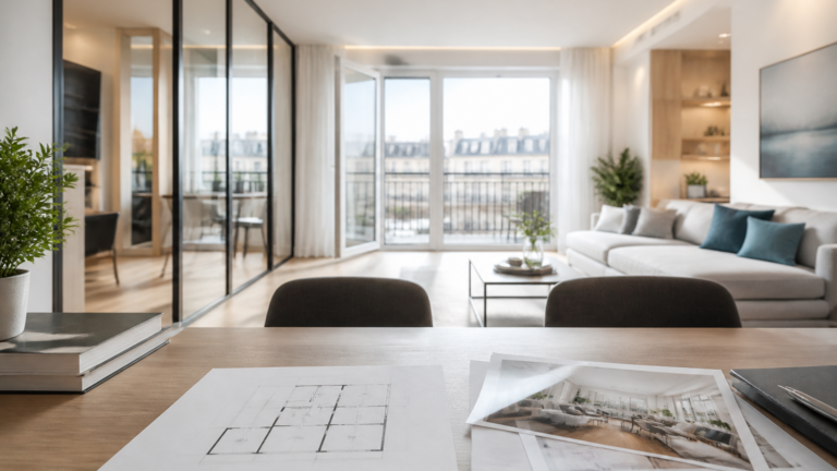 Appartement lumineux avec documents immobiliers sur table, ambiance professionnelle en France