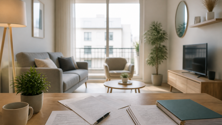 Documents et contrat de location sur une table dans un appartement lumineux en France