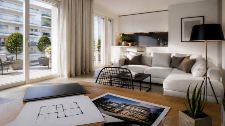 Appartement lumineux avec documents immobiliers sur une table, ambiance professionnelle et moderne en France