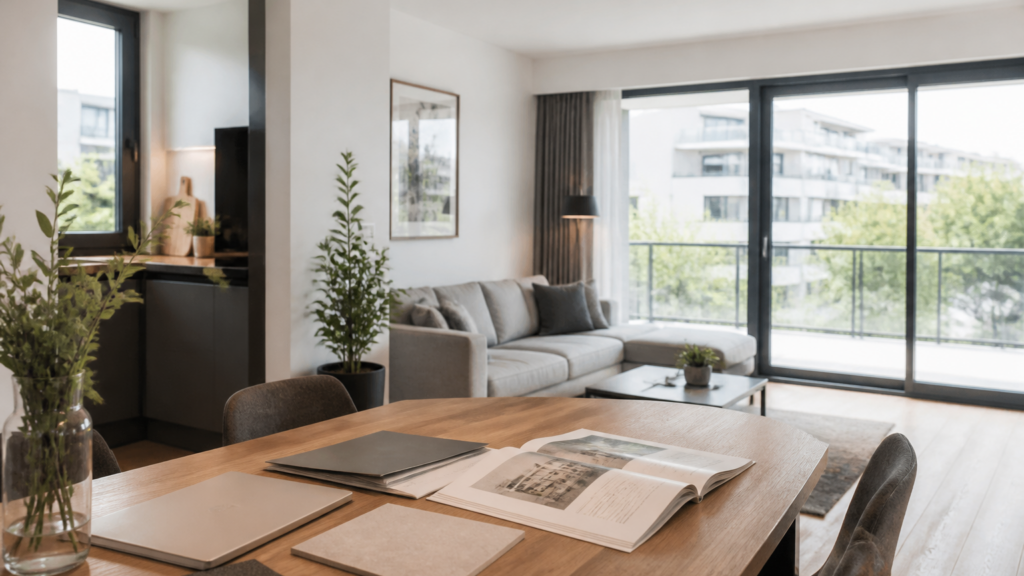 Appartement lumineux avec documents sur une table et vue sur un quartier résidentiel en France