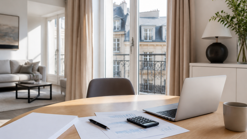 Appartement moderne lumineux avec table et documents pour simulation de crédit immobilier