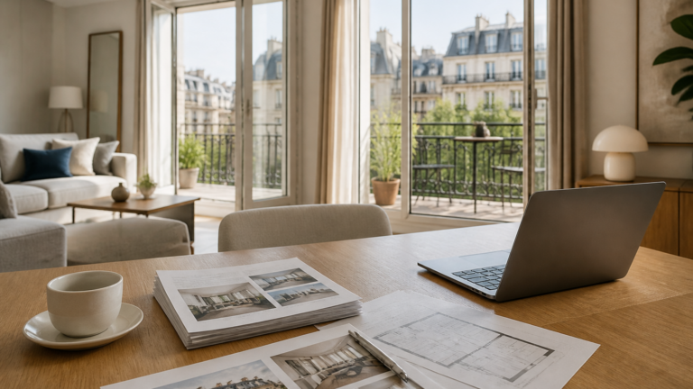 Appartement moderne lumineux avec documents et ordinateur pour simulation de capacité d'emprunt immobilier