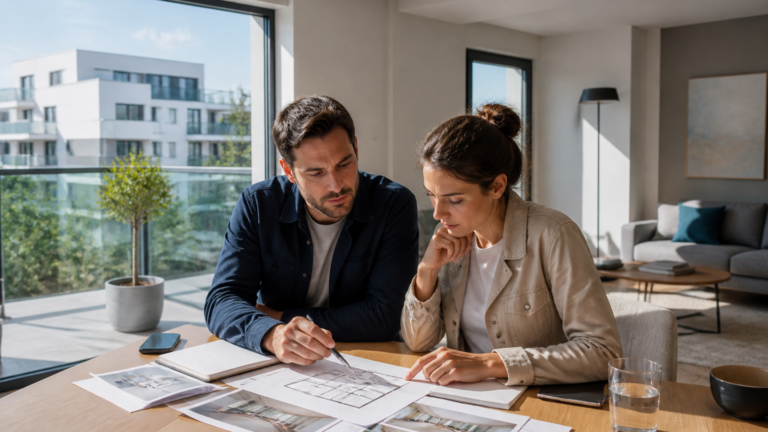 Investisseur immobilier français comparant des notes lors d'une visite d'appartement lumineux dans un quartier résidentiel