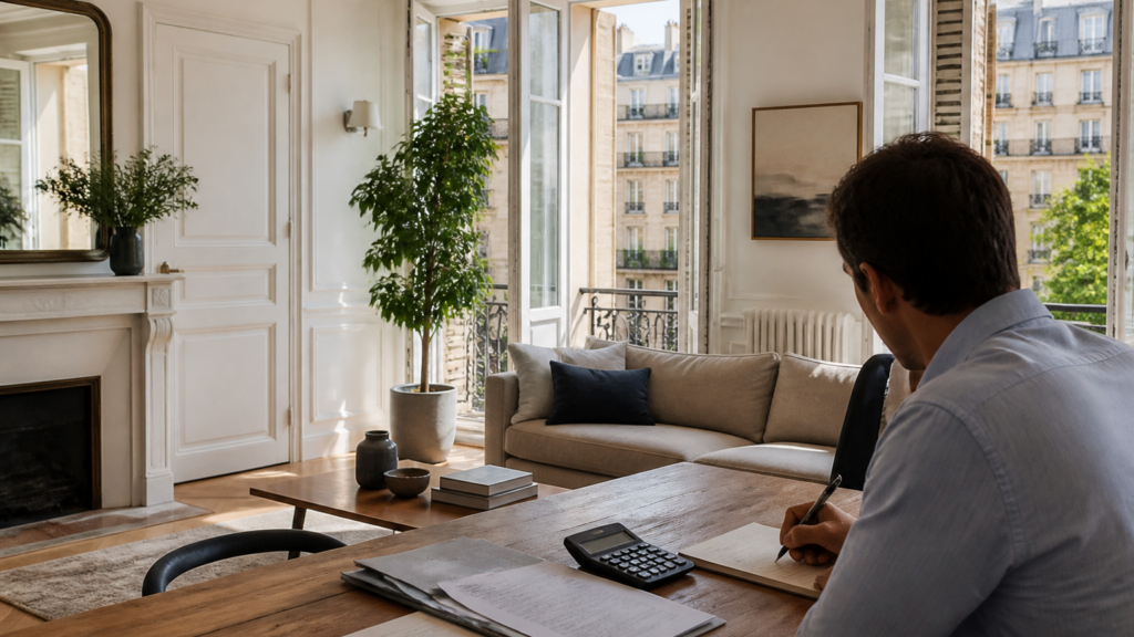 Appartement lumineux moderne avec documents immobiliers sur une table et vue résidentielle urbaine