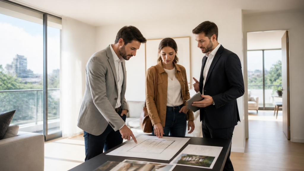 Visite d'un appartement lumineux en France avec documents immobiliers posés sur une table