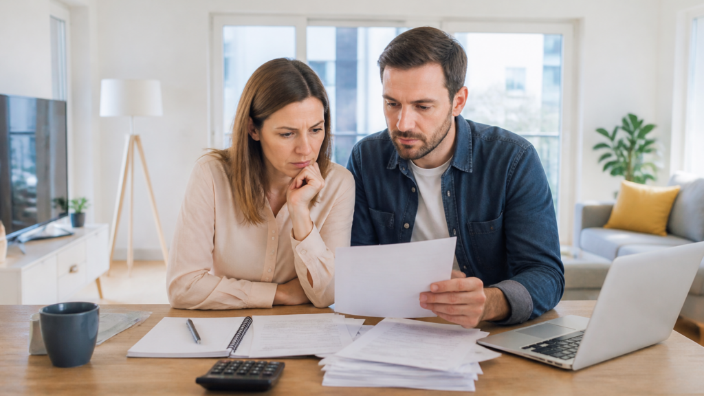Couple français examinant documents d'impôt dans appartement lumineux moderne en France