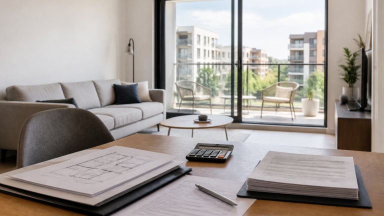 Table avec documents de prêt immobilier, appartement lumineux et quartier résidentiel en arrière-plan
