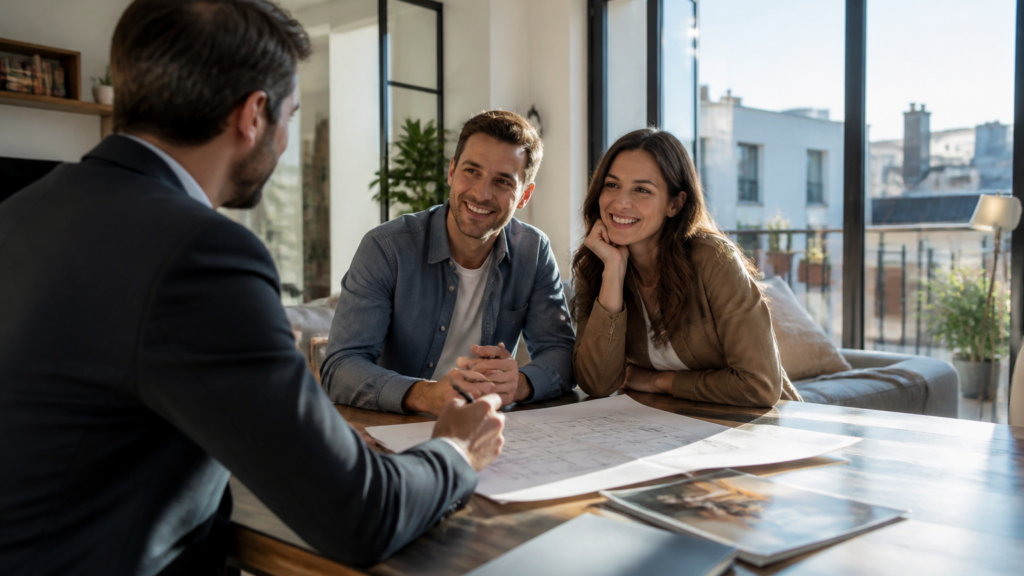 Appartement lumineux moderne avec documents de visite immobilière sur une table en France