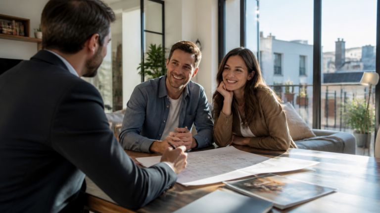 Appartement lumineux moderne avec documents de visite immobilière sur une table en France