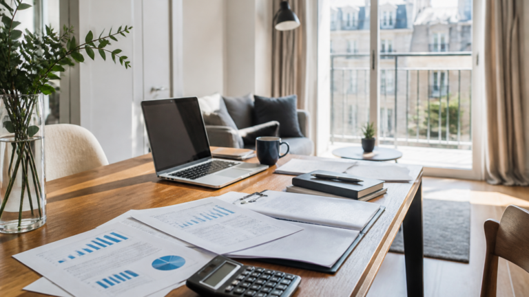 Table avec documents de financement immobilier dans un appartement lumineux en France