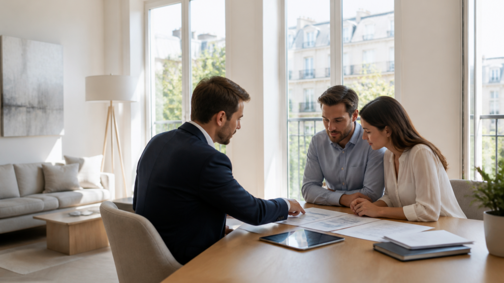 Table avec documents financiers et vue sur un appartement lumineux moderne en France