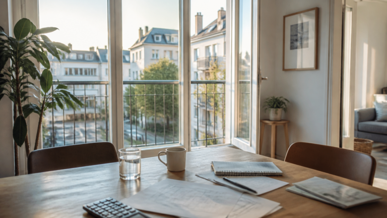 Appartement lumineux avec documents immobiliers au premier plan et vue sur quartier résidentiel français