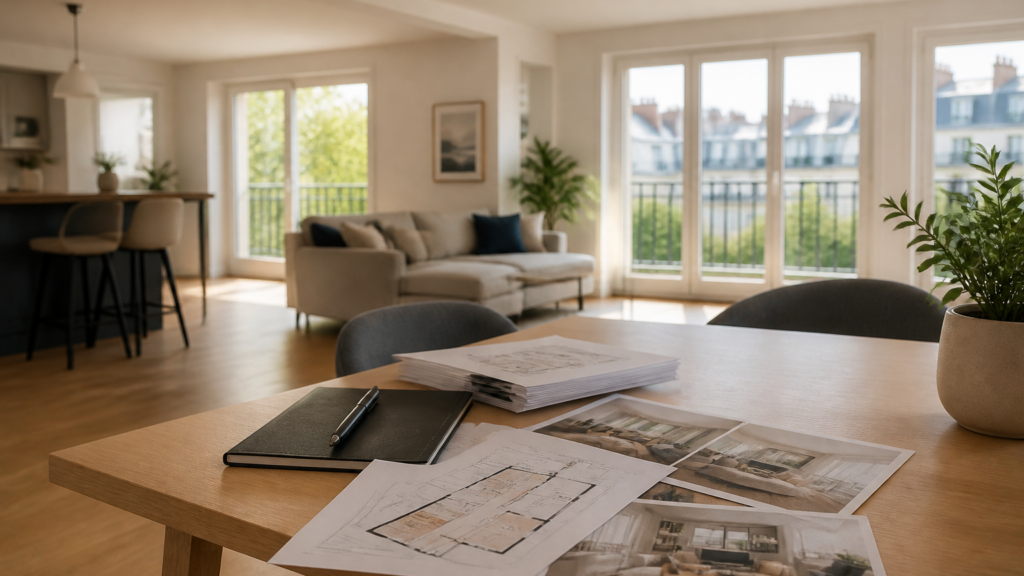 Documents de vente immobilière sur une table dans un appartement lumineux en France