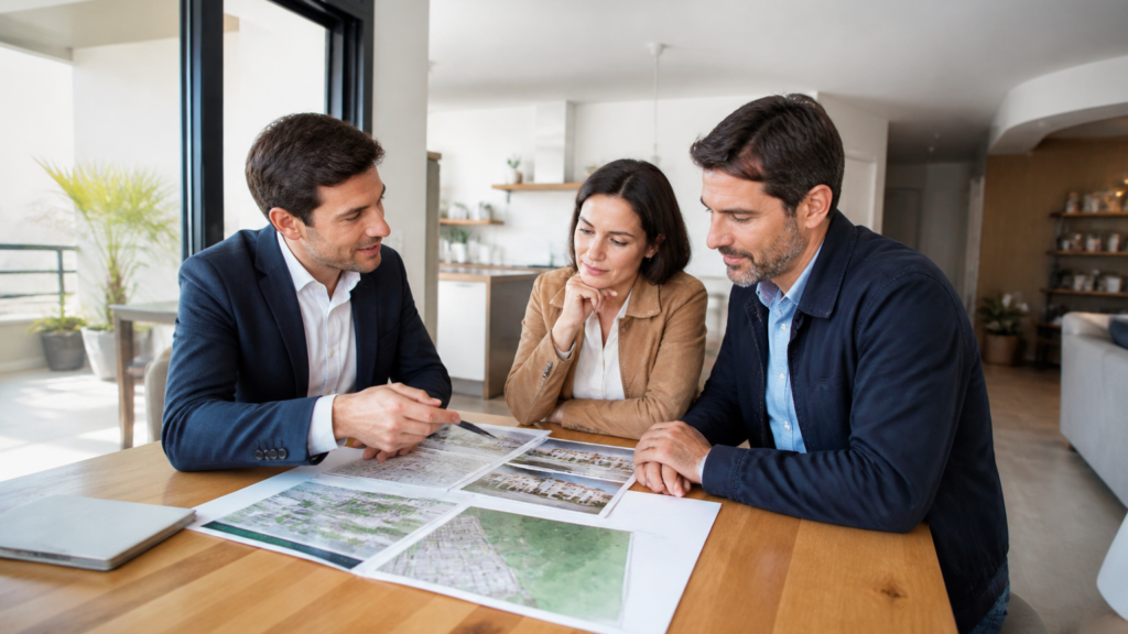 Personne consultant des documents immobiliers sur une table en lumière naturelle dans un appartement moderne, avec vue sur un quartier résidentiel et un terrain à bâtir en arrière-plan