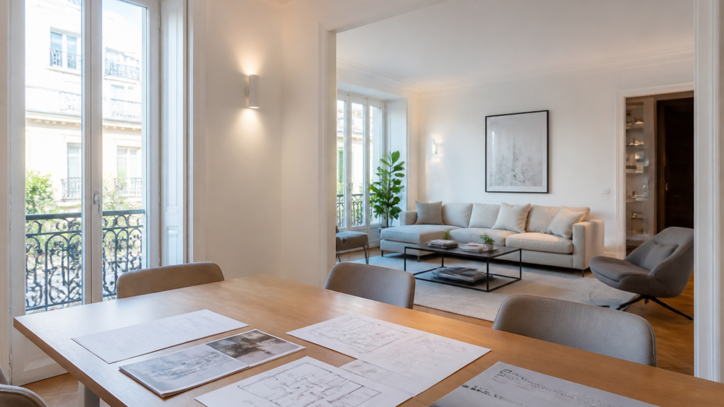 Appartement lumineux avec documents immobiliers sur une table lors d'une visite en France