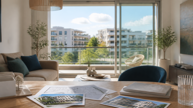 Appartement lumineux avec documents immobiliers sur la table dans un quartier résidentiel en France