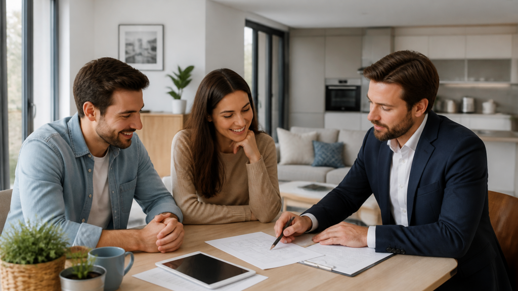 Table avec documents d'assurance prêt immobilier dans un appartement lumineux moderne en France