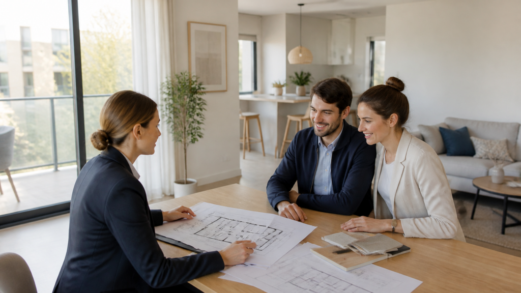 Appartement lumineux avec documents de vente immobilière sur une table lors d'une visite dans un quartier résidentiel
