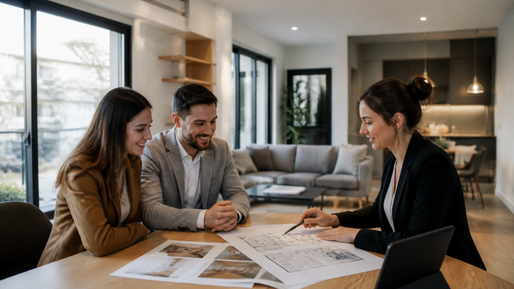 Visite d'un appartement lumineux avec documents immobiliers sur une table dans une ambiance professionnelle en France