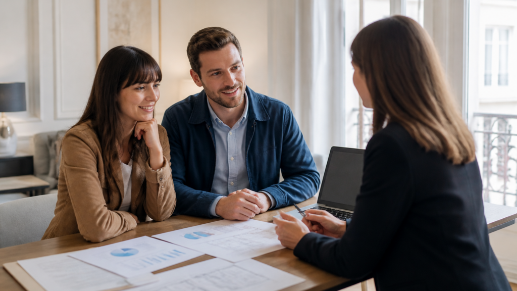 Personne consultant des documents financiers pour un prêt immobilier dans un appartement lumineux en France