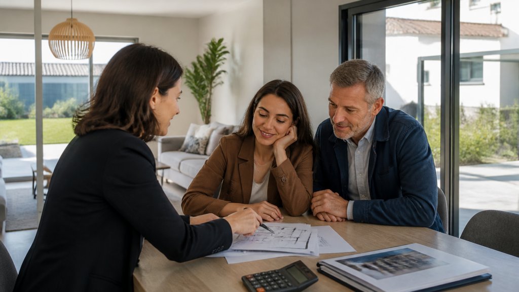 Table avec documents et calculatrice pour une estimation de plus-value immobilière dans un cadre immobilier français moderne