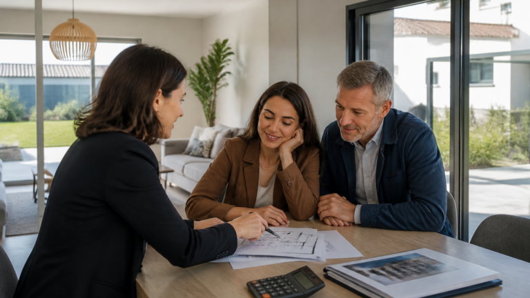 Table avec documents et calculatrice pour une estimation de plus-value immobilière dans un cadre immobilier français moderne