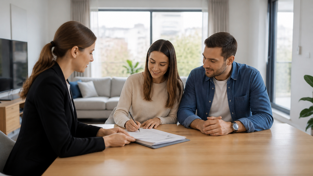 Personne signant un contrat de bail de location dans un appartement lumineux en France