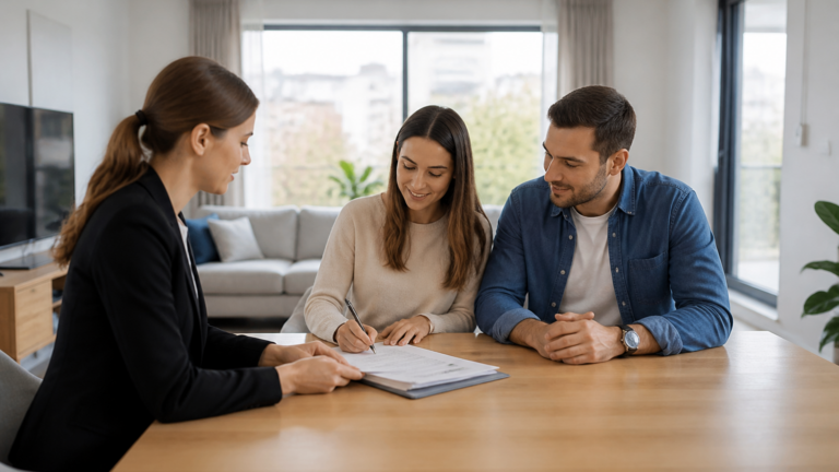 Personne signant un contrat de bail de location dans un appartement lumineux en France