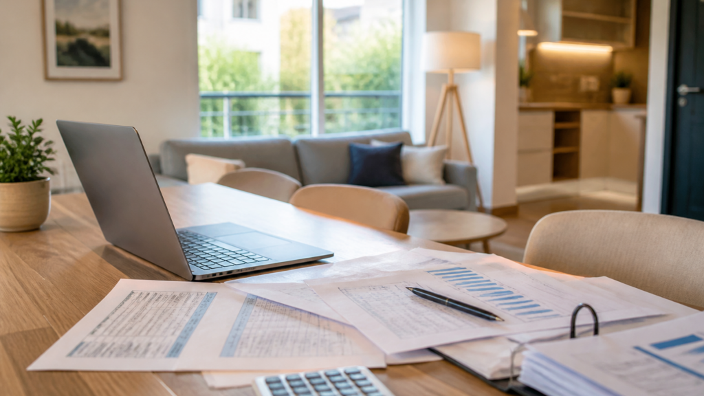 Documents et ordinateur sur une table en bois dans un appartement lumineux, symbolisant la préparation d’un dossier de prêt immobilier
