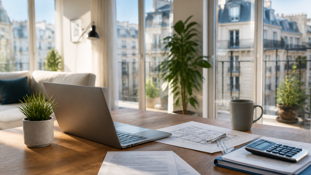 Table avec documents et ordinateur portable pour choix d'assurance emprunteur dans un appartement lumineux