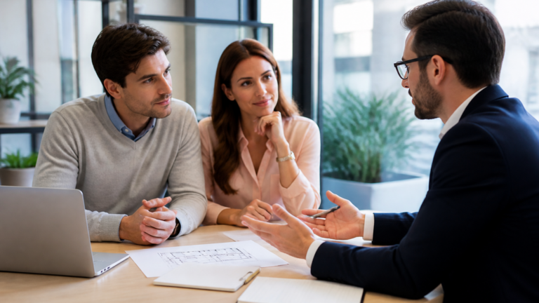 Couple en rendez-vous avec un conseiller bancaire discutant d'un crédit immobilier avec documents sur la table
