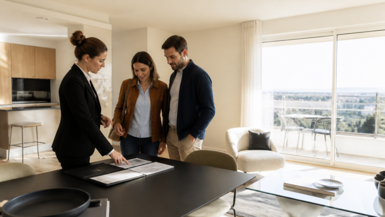 Appartement lumineux avec table et documents pour prêt immobilier