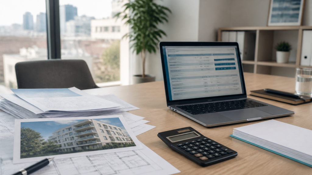 Table avec documents et ordinateur affichant comparaison bancaire pour crédit immobilier en France