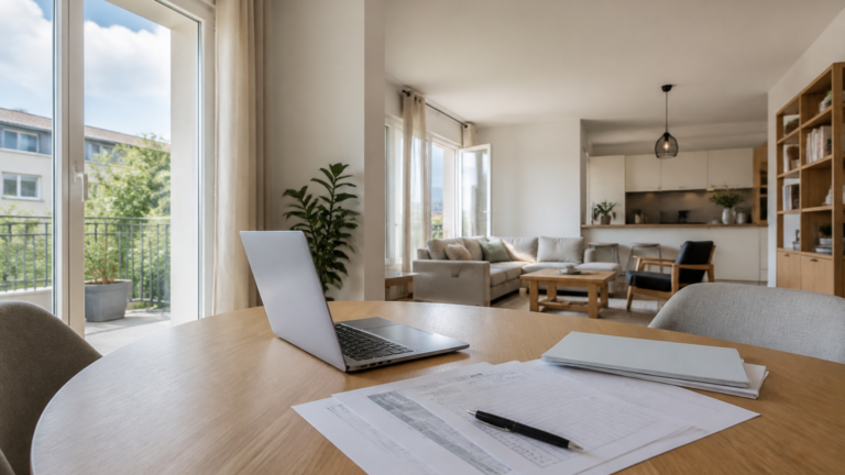 Table de travail avec documents et ordinateur pour prêt immobilier dans un appartement lumineux en France
