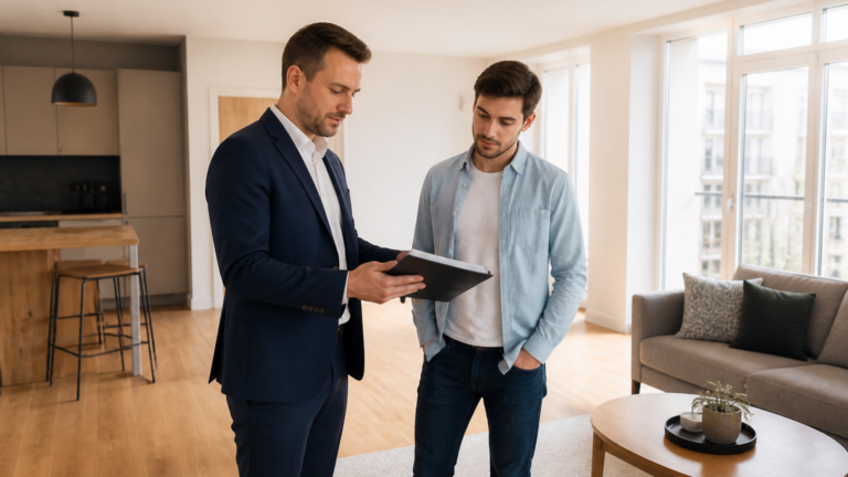 Visite d'un appartement lumineux avec consultation de documents immobiliers pour un diagnostic de performance énergétique en France