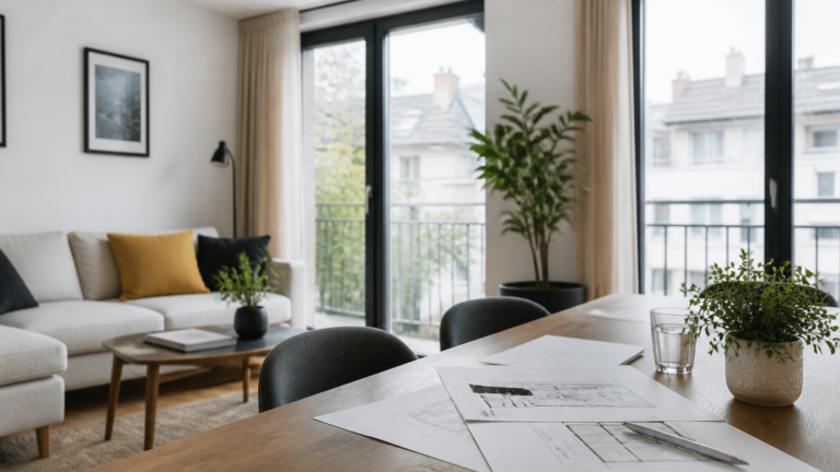 Appartement moderne lumineux avec documents de prêt immobilier sur une table, ambiance résidentielle française