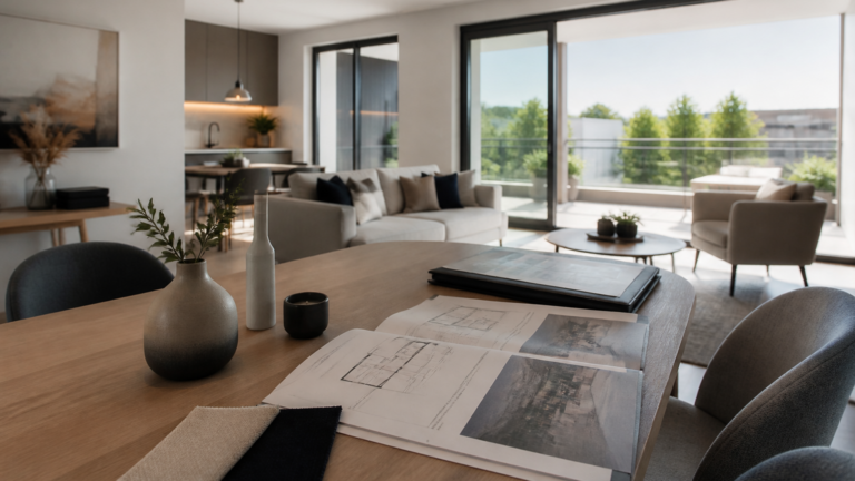 Appartement moderne lumineux avec documents immobiliers posés sur la table