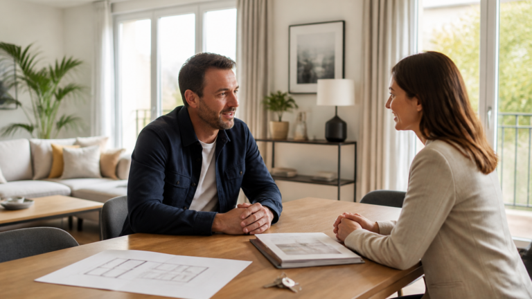 Visite d’appartement lumineux avec documents d’état des lieux sur la table