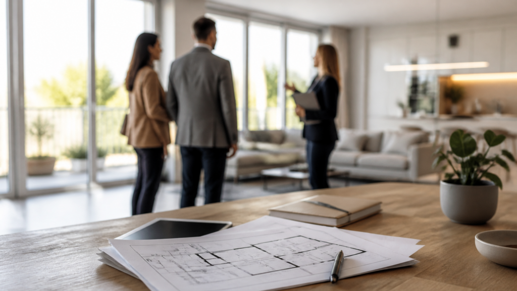 Visite d’un appartement lumineux avec documents de crédit immobilier sur une table