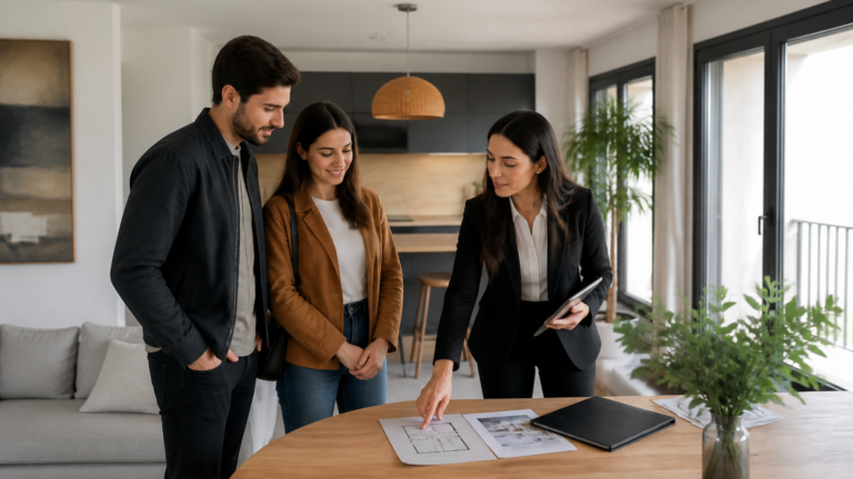 Appartement lumineux avec documents immobiliers sur table lors d'une visite de logement en France