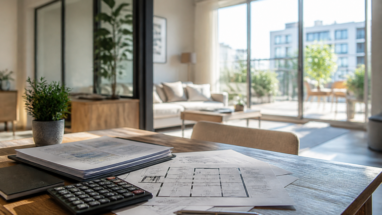 Table avec documents et calculatrice dans un appartement lumineux en France, symbole de gestion comptable LMNP