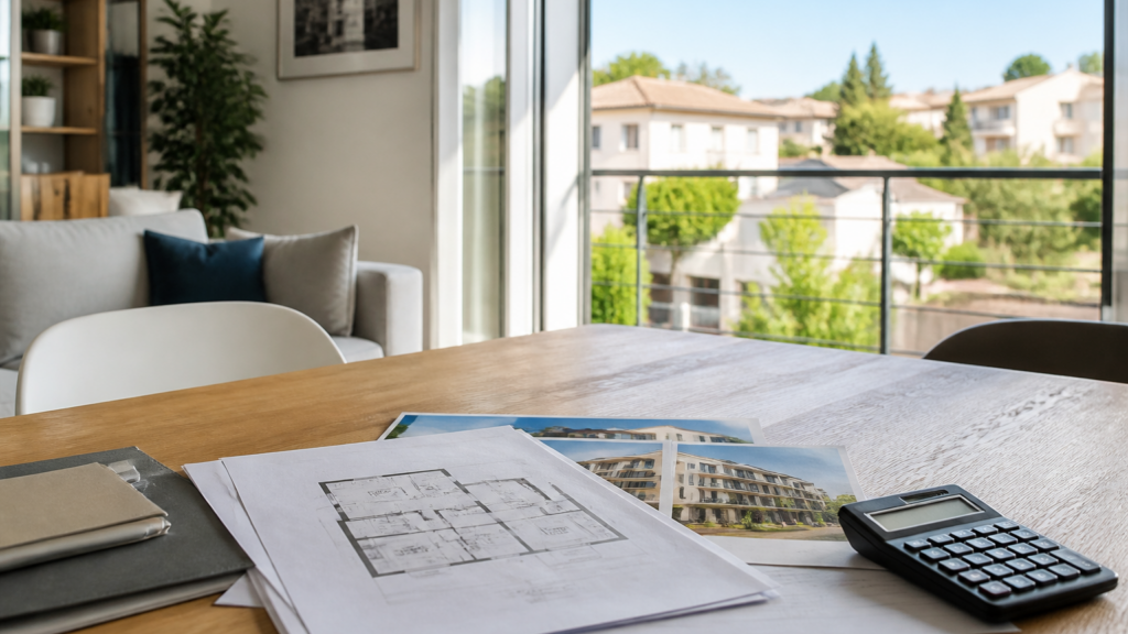 Appartement lumineux avec documents immobiliers et vue sur quartier résidentiel en France
