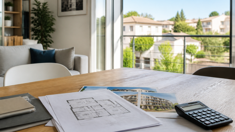 Appartement lumineux avec documents immobiliers et vue sur quartier résidentiel en France