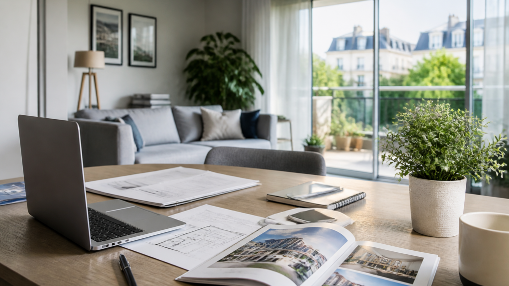 Appartement moderne lumineux avec documents de gestion locative sur table