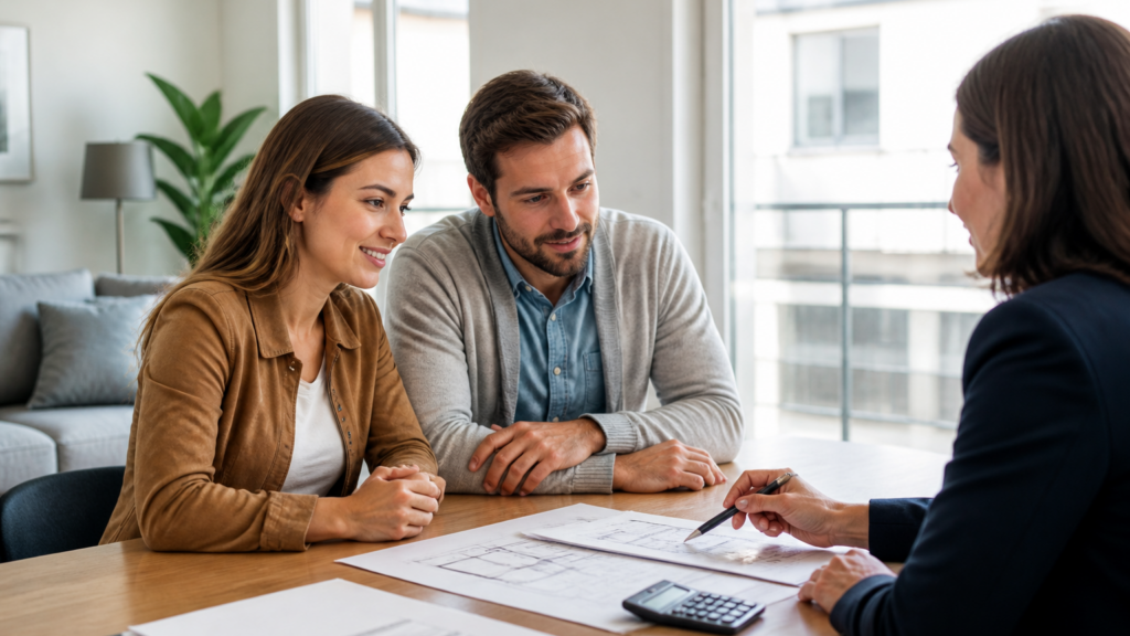 Personne faisant une simulation de prêt immobilier avec calculatrice et documents sur une table dans un appartement français moderne