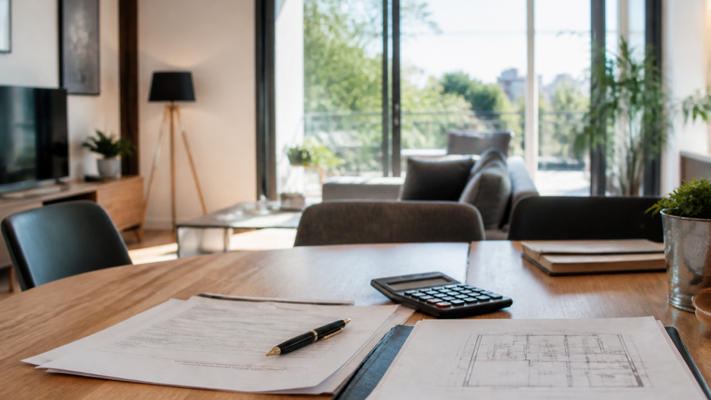 Table avec documents et calculatrice pour simulation de prêt immobilier dans un appartement lumineux en France