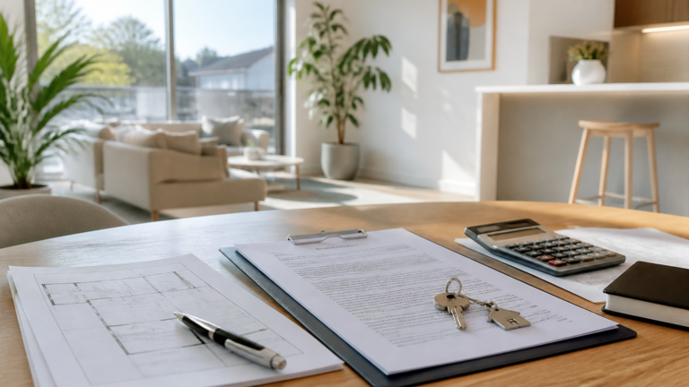 Table avec documents de prêt immobilier dans un appartement français moderne lumineux