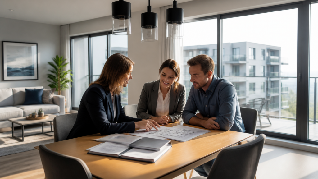 Appartement lumineux avec table de travail et documents immobiliers en France
