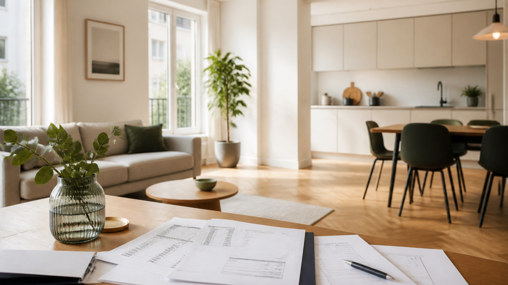 Table avec documents fiscaux et ordinateur portable dans un appartement lumineux en France